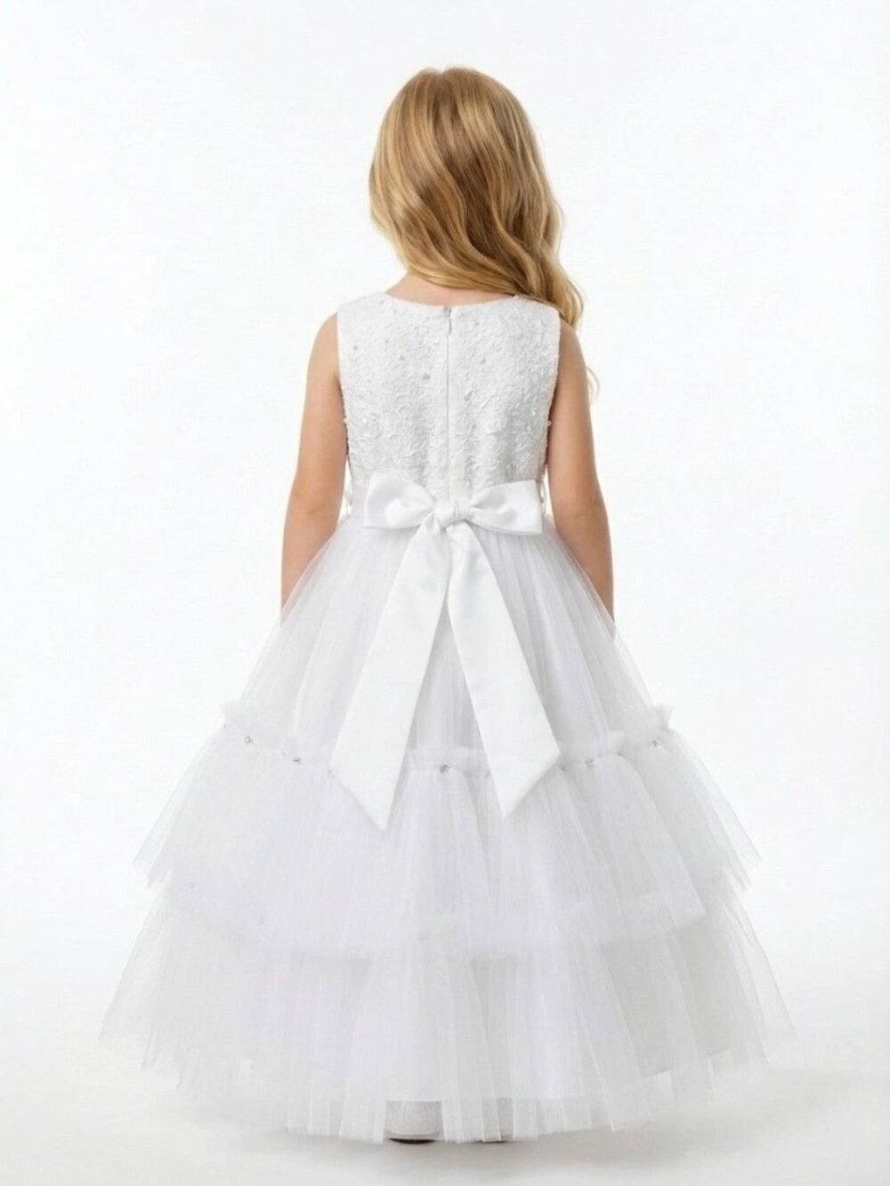 White Lace Flower Girl Dress Layered Tulle Party Gown Wedding Dress (Size 5) - Picture 3 of 3